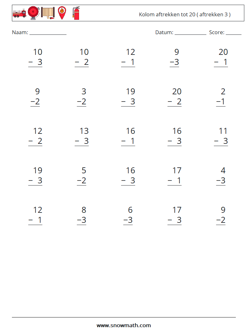 (25) Kolom aftrekken tot 20 ( aftrekken 3 ) Wiskundige werkbladen 17