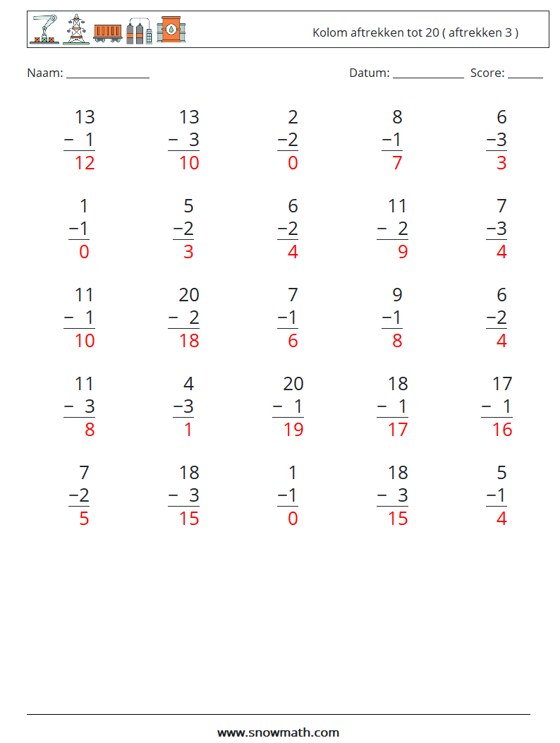 (25) Kolom aftrekken tot 20 ( aftrekken 3 ) Wiskundige werkbladen 1 Vraag, Antwoord