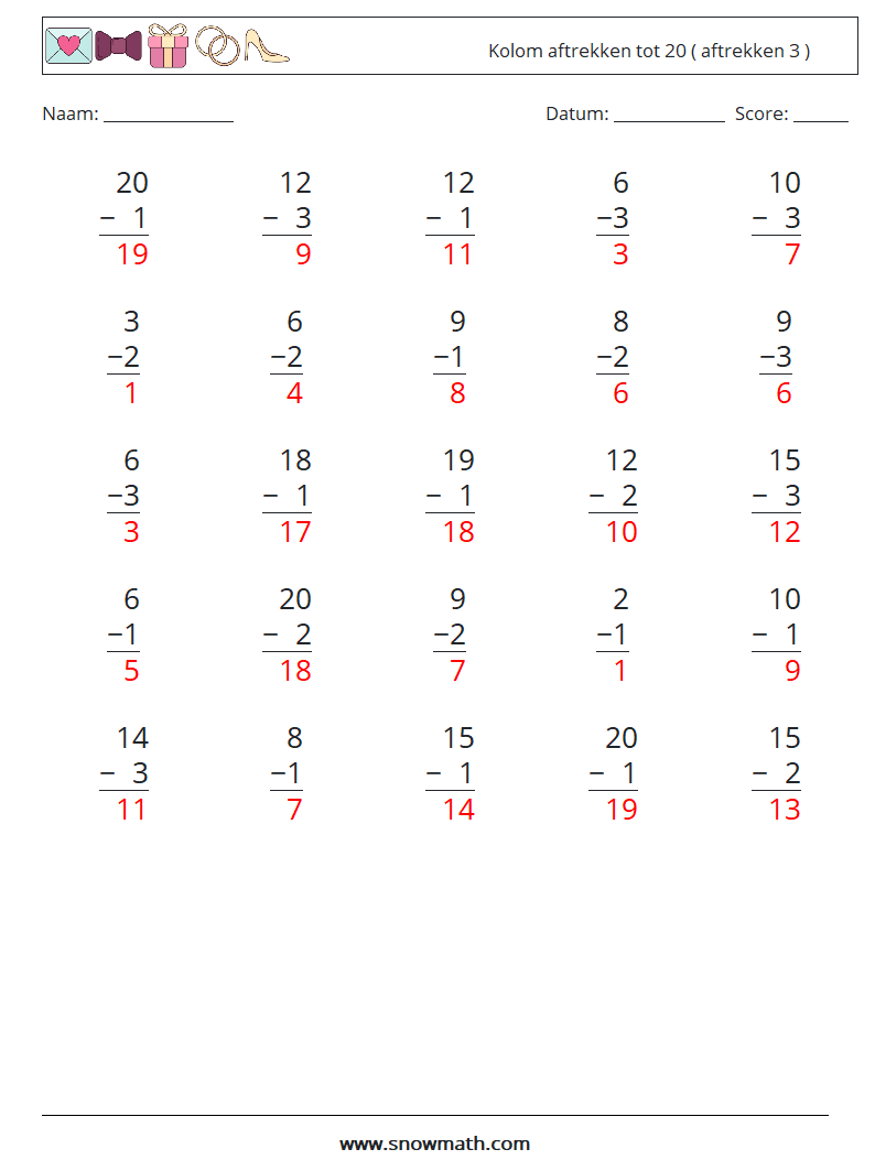 (25) Kolom aftrekken tot 20 ( aftrekken 3 ) Wiskundige werkbladen 2 Vraag, Antwoord