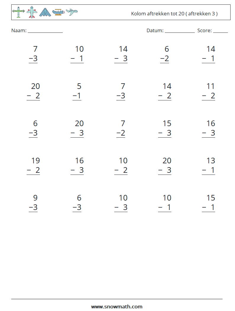 (25) Kolom aftrekken tot 20 ( aftrekken 3 ) Wiskundige werkbladen 3