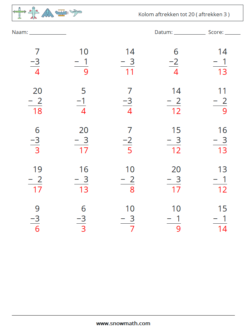 (25) Kolom aftrekken tot 20 ( aftrekken 3 ) Wiskundige werkbladen 3 Vraag, Antwoord