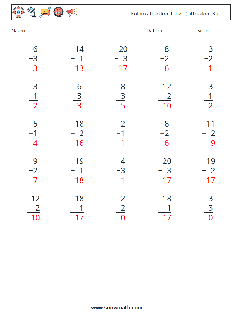 (25) Kolom aftrekken tot 20 ( aftrekken 3 ) Wiskundige werkbladen 4 Vraag, Antwoord