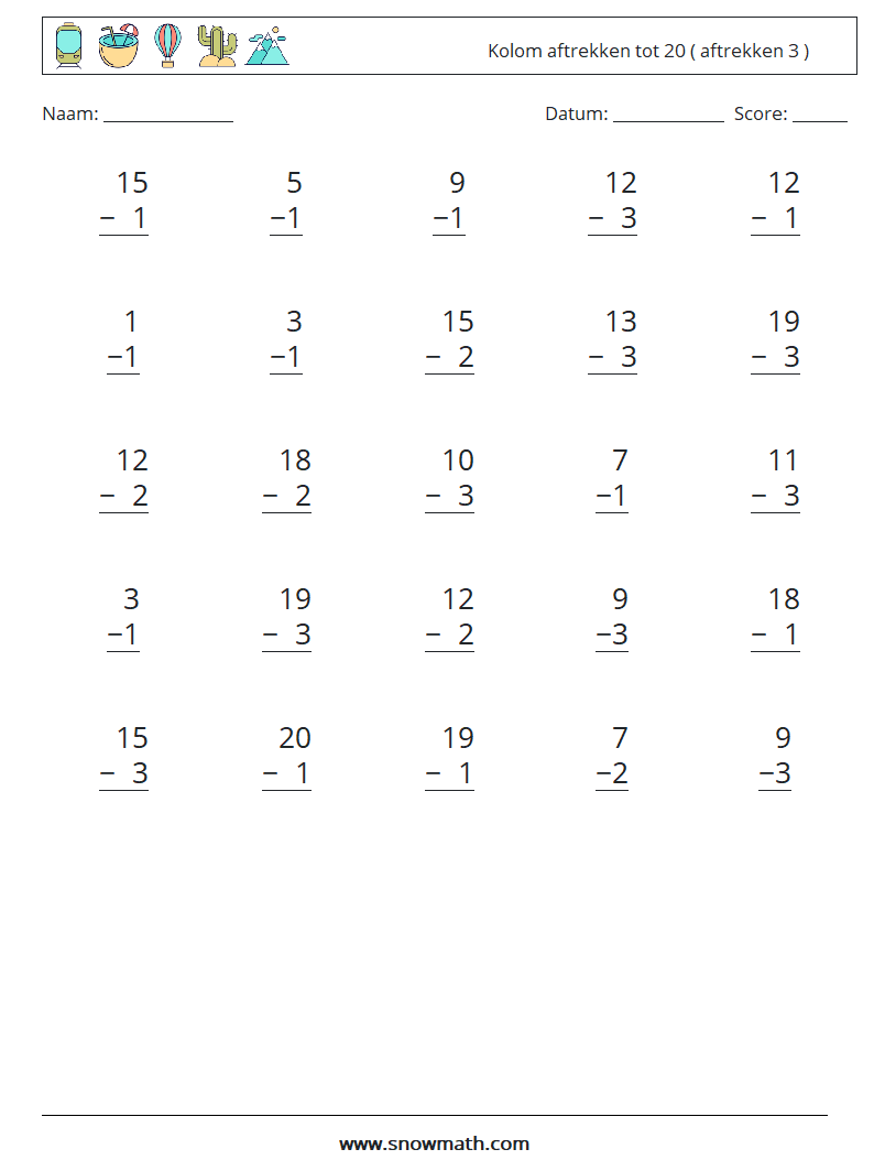 (25) Kolom aftrekken tot 20 ( aftrekken 3 ) Wiskundige werkbladen 5