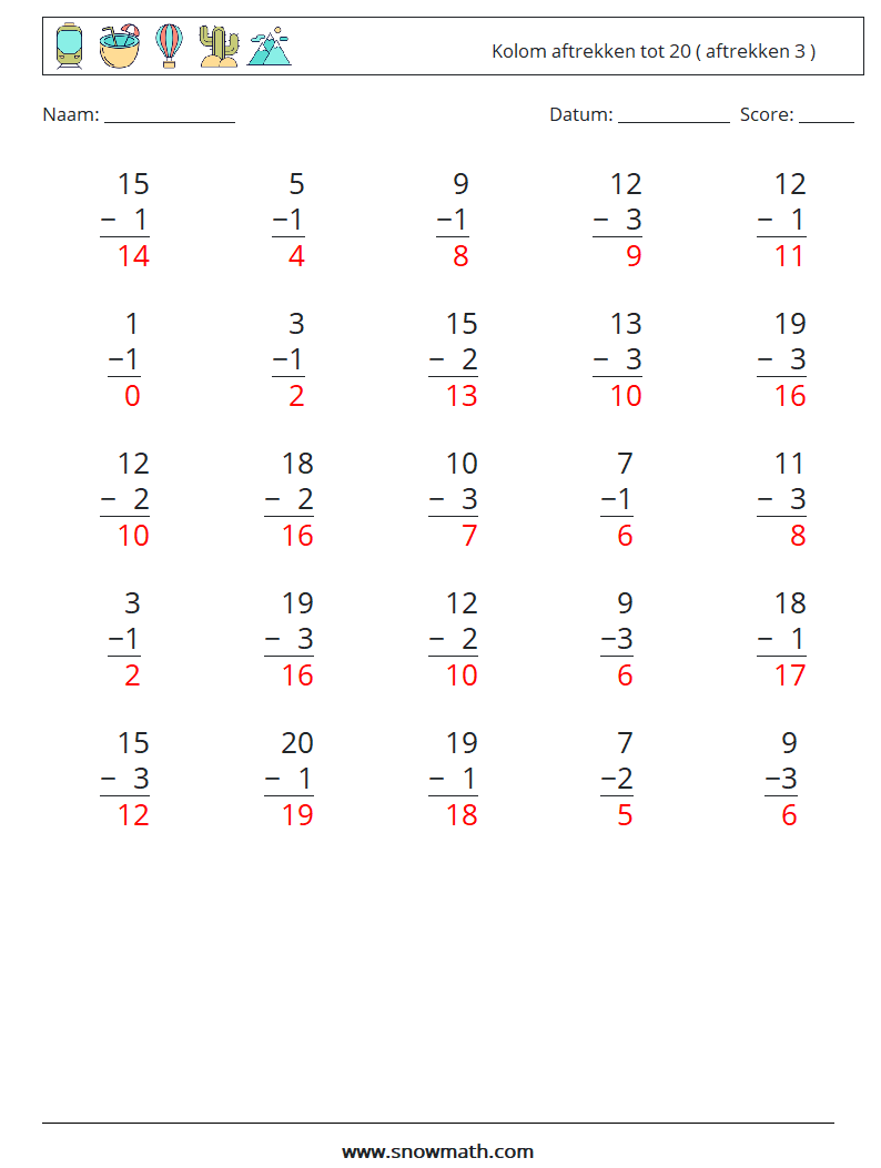 (25) Kolom aftrekken tot 20 ( aftrekken 3 ) Wiskundige werkbladen 5 Vraag, Antwoord