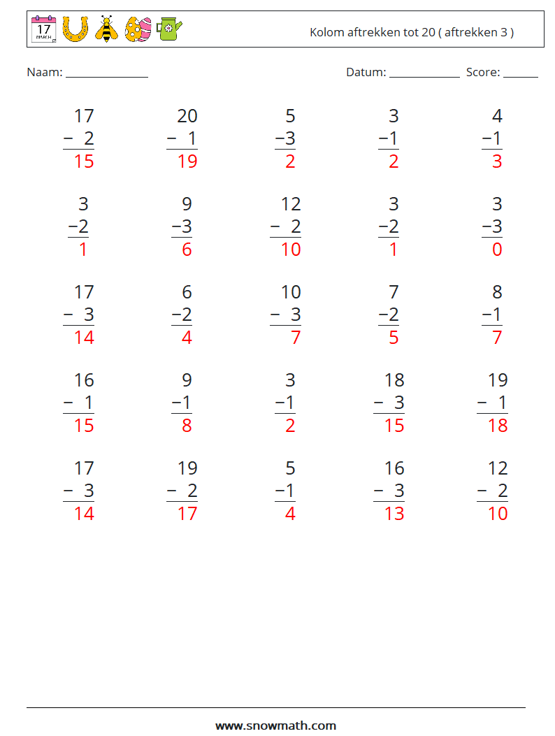 (25) Kolom aftrekken tot 20 ( aftrekken 3 ) Wiskundige werkbladen 6 Vraag, Antwoord