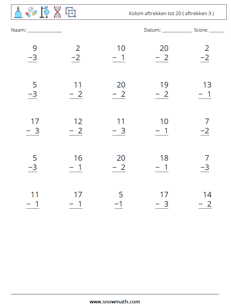 (25) Kolom aftrekken tot 20 ( aftrekken 3 ) Wiskundige werkbladen 7