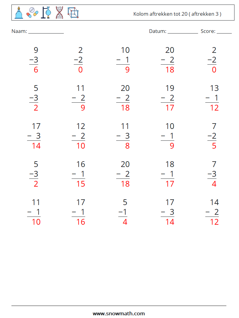 (25) Kolom aftrekken tot 20 ( aftrekken 3 ) Wiskundige werkbladen 7 Vraag, Antwoord