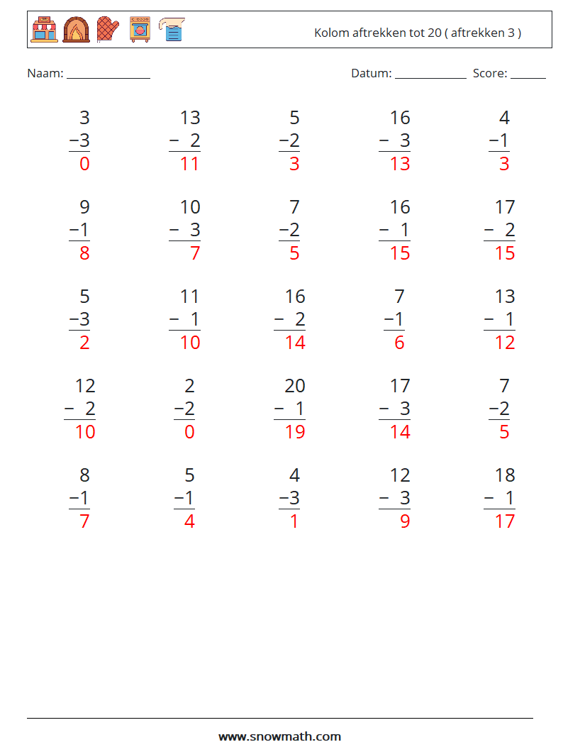 (25) Kolom aftrekken tot 20 ( aftrekken 3 ) Wiskundige werkbladen 8 Vraag, Antwoord