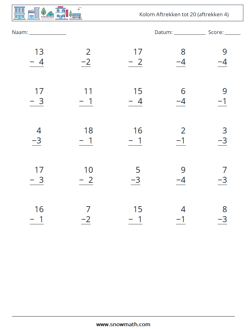 (25) Kolom Aftrekken tot 20 (aftrekken 4)