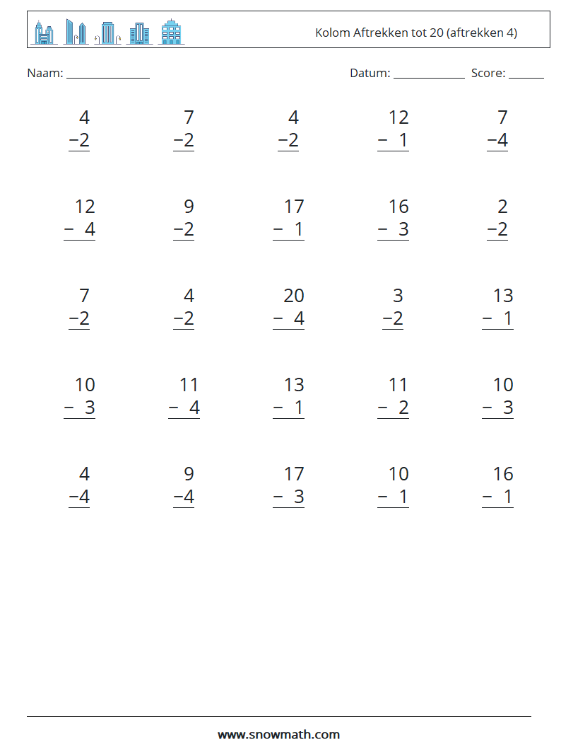 (25) Kolom Aftrekken tot 20 (aftrekken 4) Wiskundige werkbladen 11