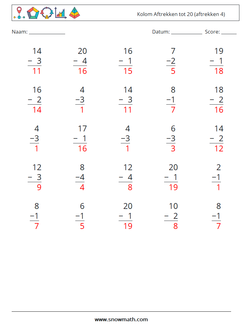 (25) Kolom Aftrekken tot 20 (aftrekken 4) Wiskundige werkbladen 12 Vraag, Antwoord