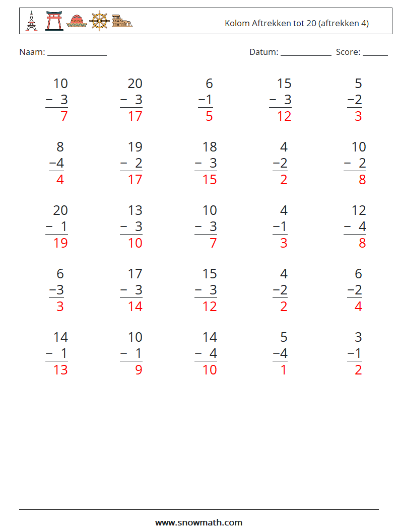 (25) Kolom Aftrekken tot 20 (aftrekken 4) Wiskundige werkbladen 13 Vraag, Antwoord