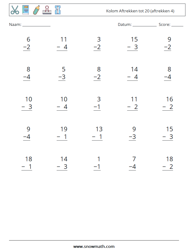 (25) Kolom Aftrekken tot 20 (aftrekken 4) Wiskundige werkbladen 15