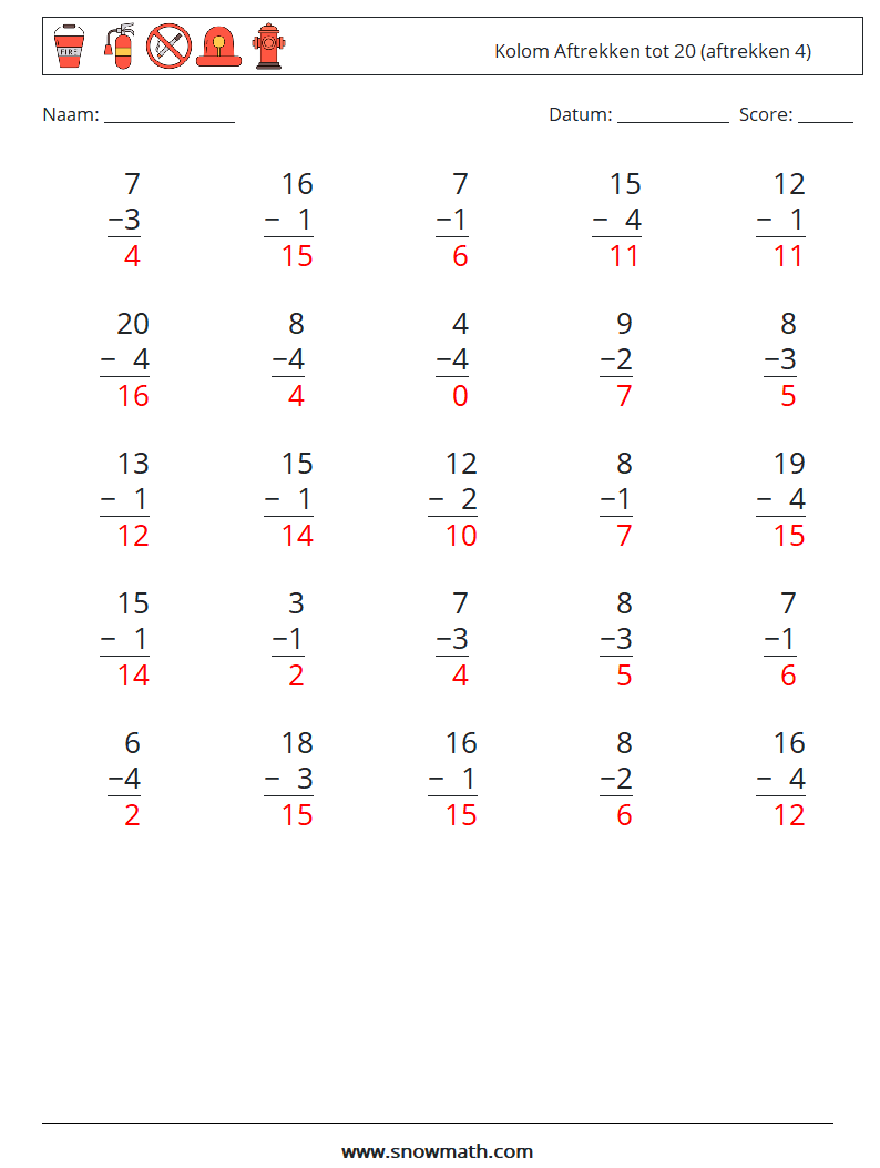 (25) Kolom Aftrekken tot 20 (aftrekken 4) Wiskundige werkbladen 17 Vraag, Antwoord