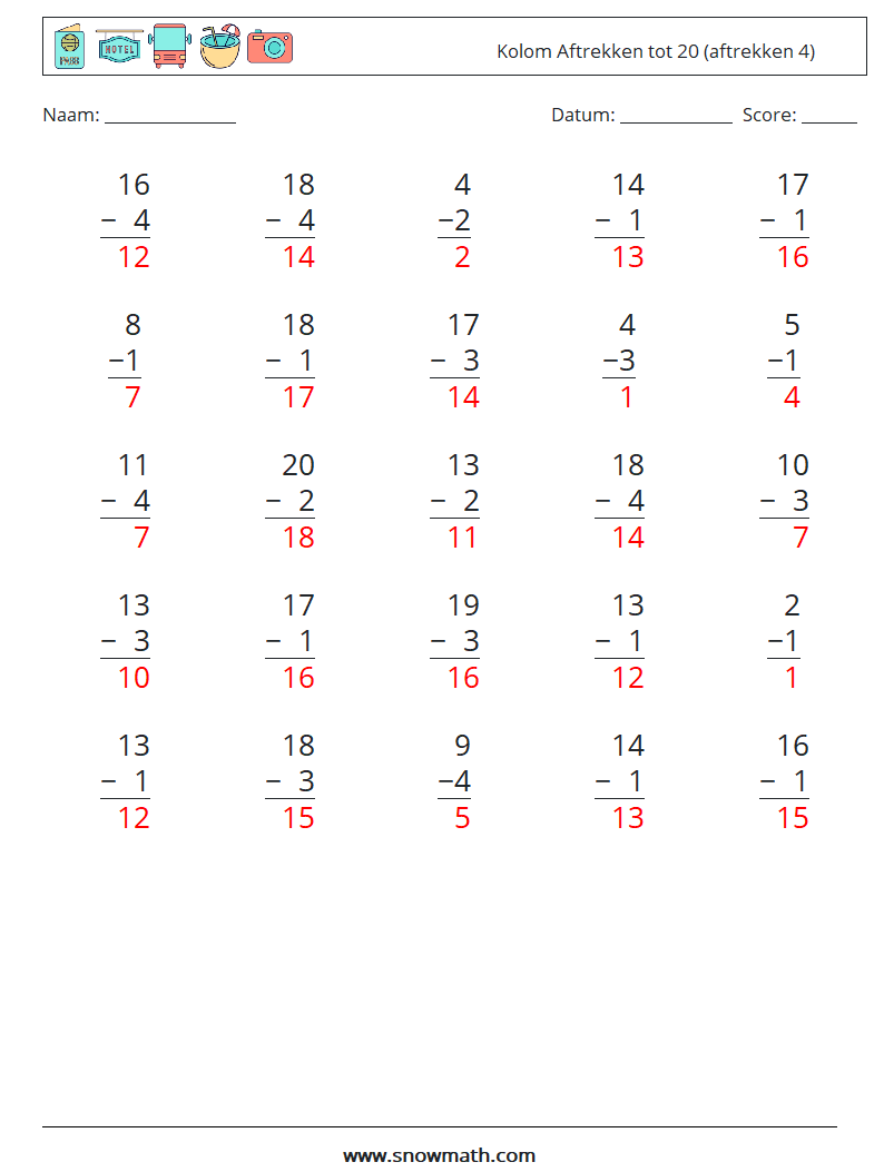 (25) Kolom Aftrekken tot 20 (aftrekken 4) Wiskundige werkbladen 2 Vraag, Antwoord