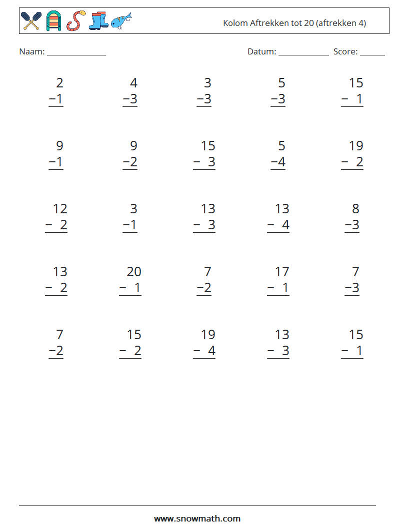 (25) Kolom Aftrekken tot 20 (aftrekken 4) Wiskundige werkbladen 3