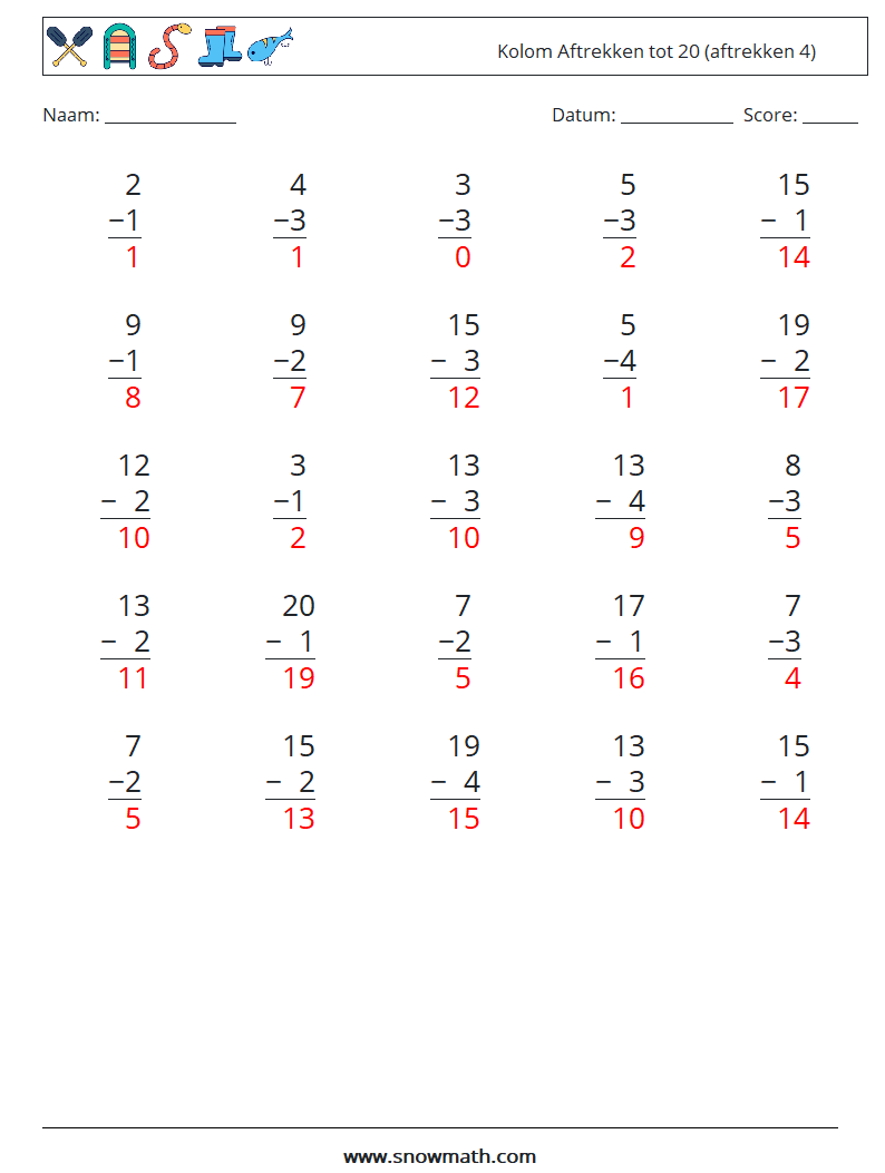 (25) Kolom Aftrekken tot 20 (aftrekken 4) Wiskundige werkbladen 3 Vraag, Antwoord