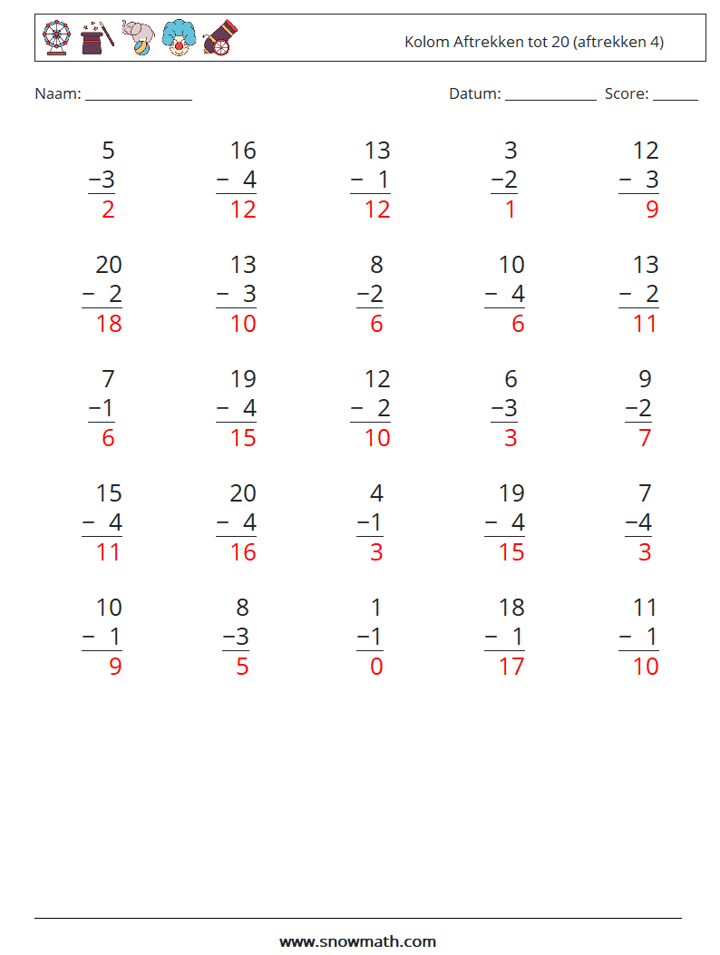 (25) Kolom Aftrekken tot 20 (aftrekken 4) Wiskundige werkbladen 4 Vraag, Antwoord