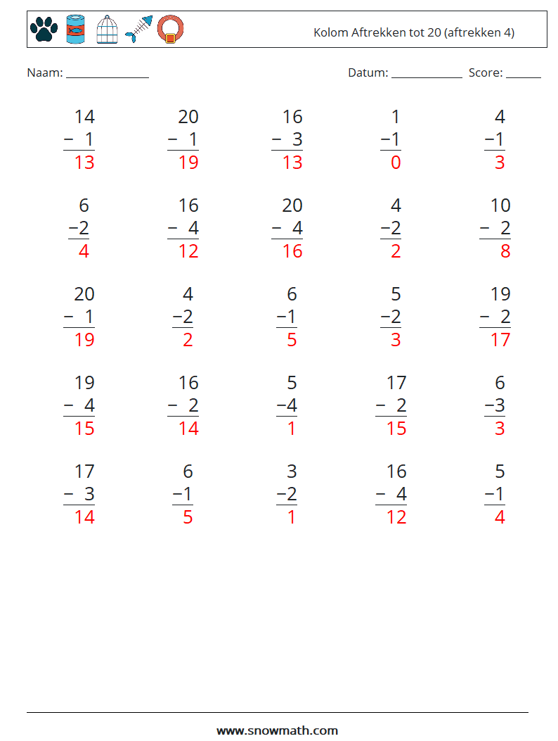 (25) Kolom Aftrekken tot 20 (aftrekken 4) Wiskundige werkbladen 5 Vraag, Antwoord