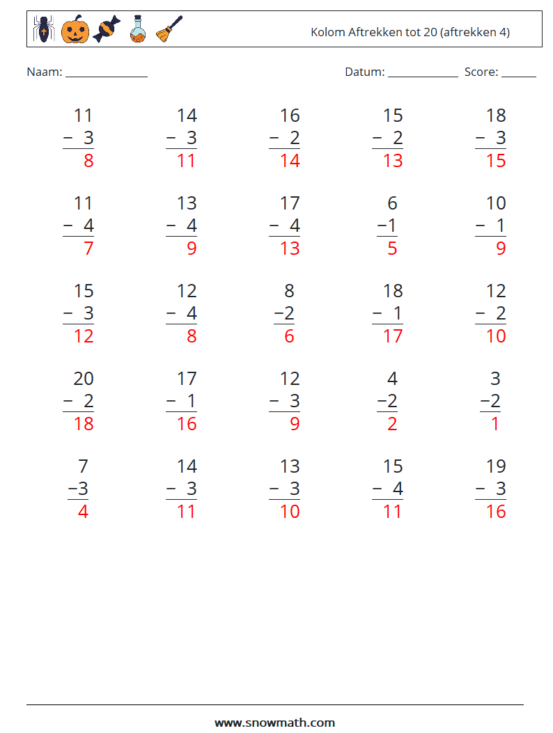 (25) Kolom Aftrekken tot 20 (aftrekken 4) Wiskundige werkbladen 6 Vraag, Antwoord