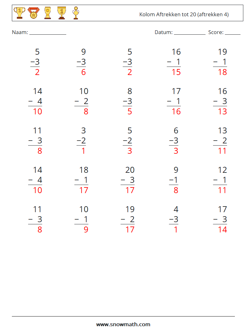 (25) Kolom Aftrekken tot 20 (aftrekken 4) Wiskundige werkbladen 8 Vraag, Antwoord