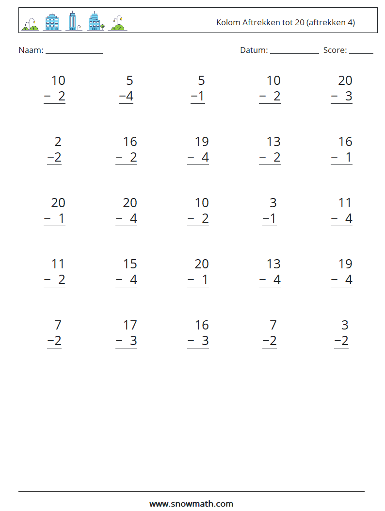 (25) Kolom Aftrekken tot 20 (aftrekken 4) Wiskundige werkbladen 9