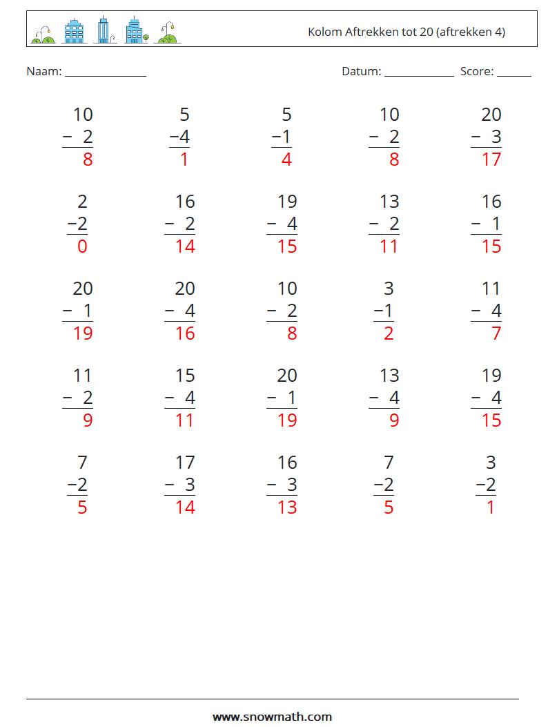 (25) Kolom Aftrekken tot 20 (aftrekken 4) Wiskundige werkbladen 9 Vraag, Antwoord