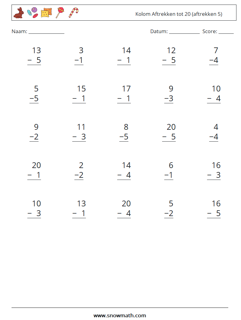 (25) Kolom Aftrekken tot 20 (aftrekken 5) Wiskundige werkbladen 10