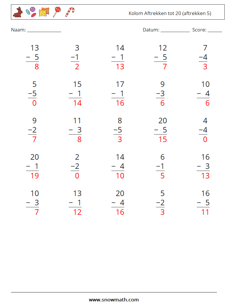 (25) Kolom Aftrekken tot 20 (aftrekken 5) Wiskundige werkbladen 10 Vraag, Antwoord