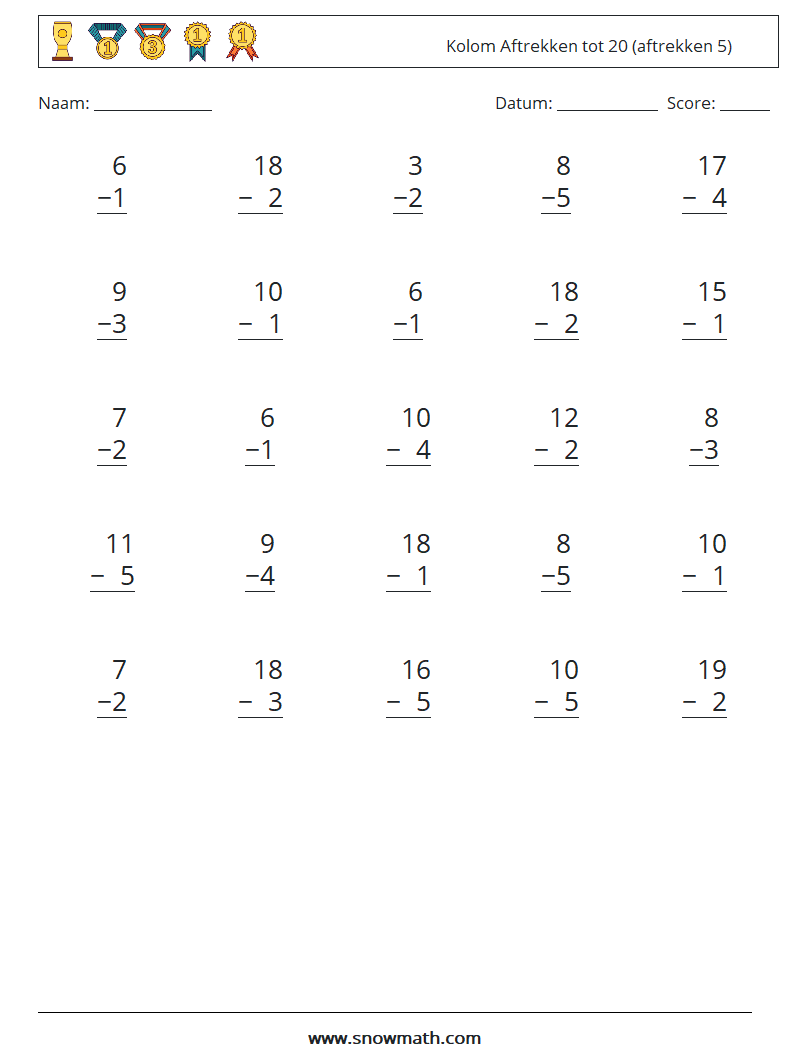 (25) Kolom Aftrekken tot 20 (aftrekken 5) Wiskundige werkbladen 11