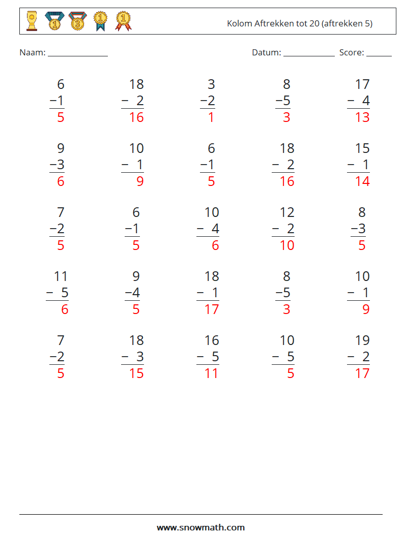 (25) Kolom Aftrekken tot 20 (aftrekken 5) Wiskundige werkbladen 11 Vraag, Antwoord