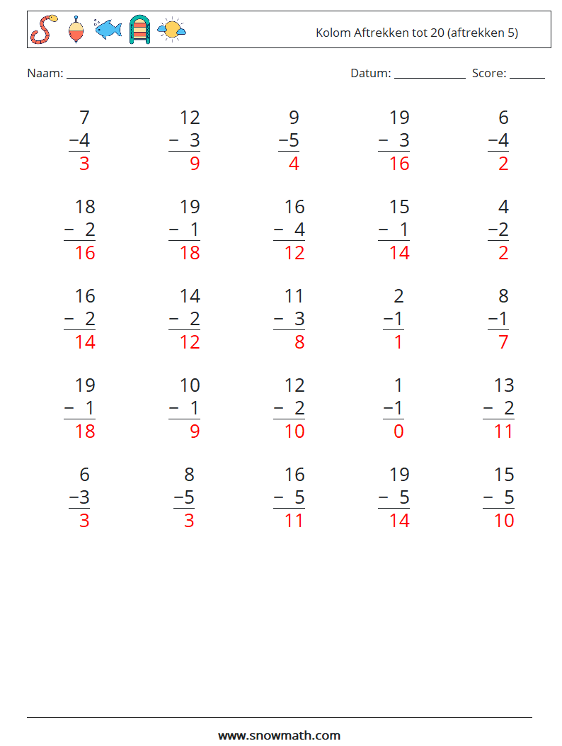 (25) Kolom Aftrekken tot 20 (aftrekken 5) Wiskundige werkbladen 12 Vraag, Antwoord