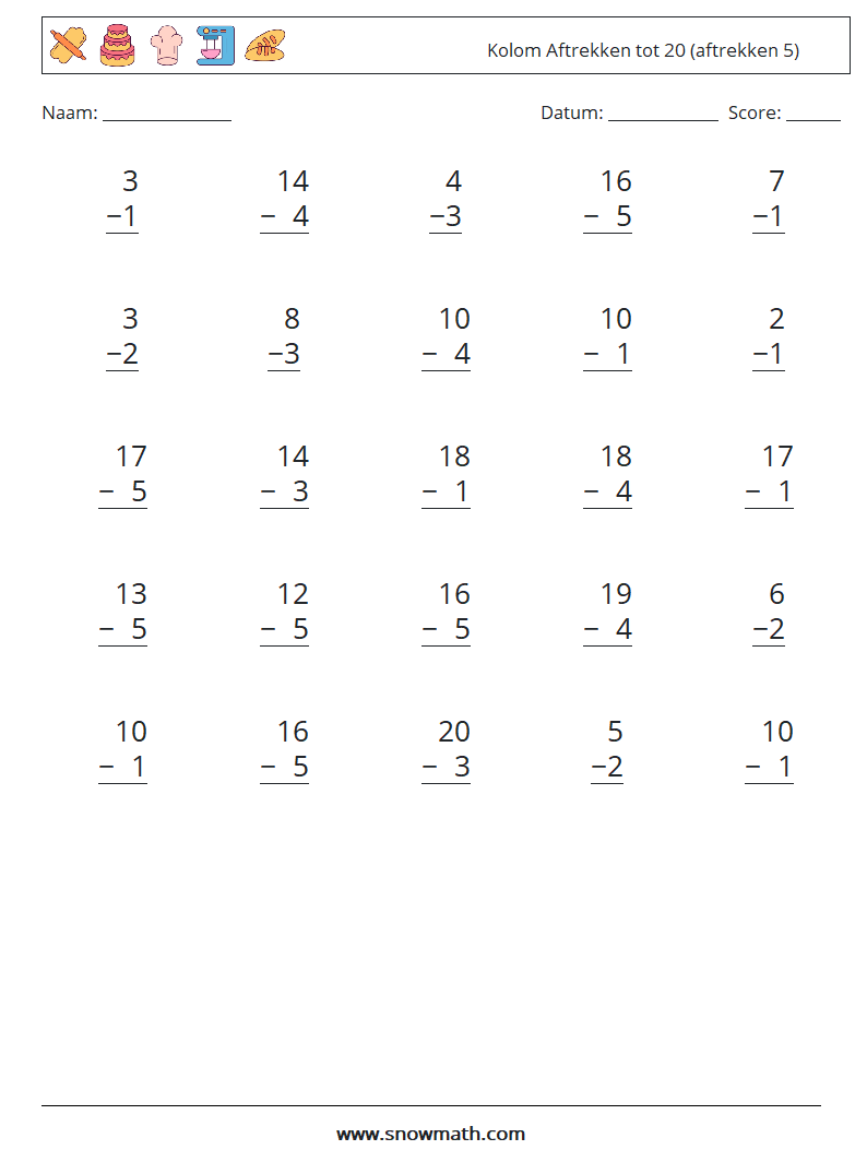(25) Kolom Aftrekken tot 20 (aftrekken 5) Wiskundige werkbladen 15