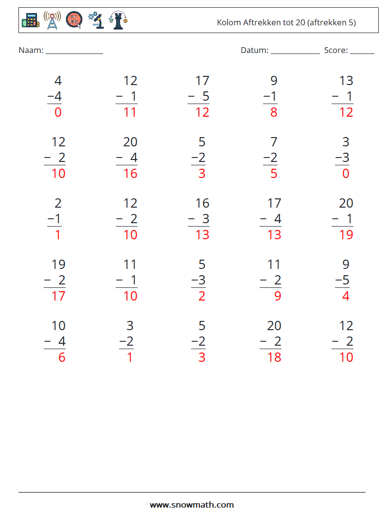 (25) Kolom Aftrekken tot 20 (aftrekken 5) Wiskundige werkbladen 1 Vraag, Antwoord