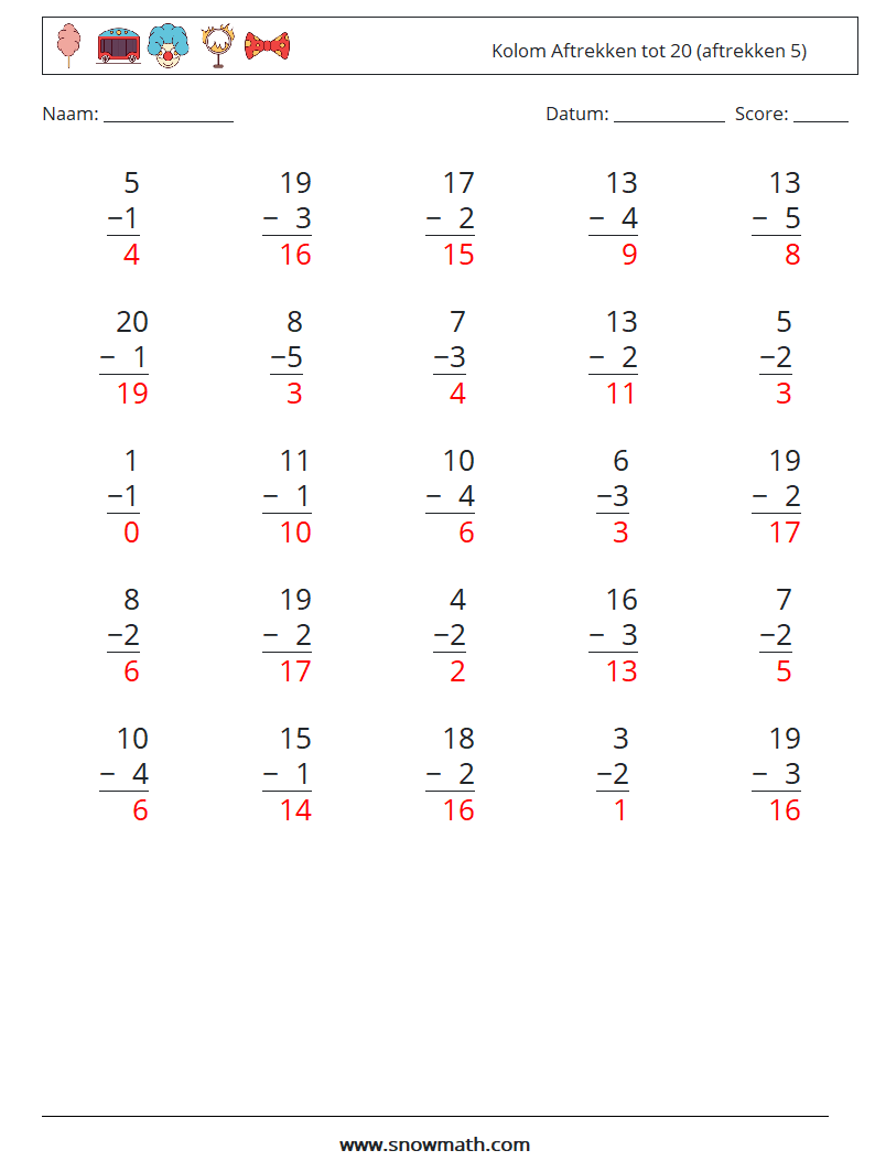 (25) Kolom Aftrekken tot 20 (aftrekken 5) Wiskundige werkbladen 2 Vraag, Antwoord