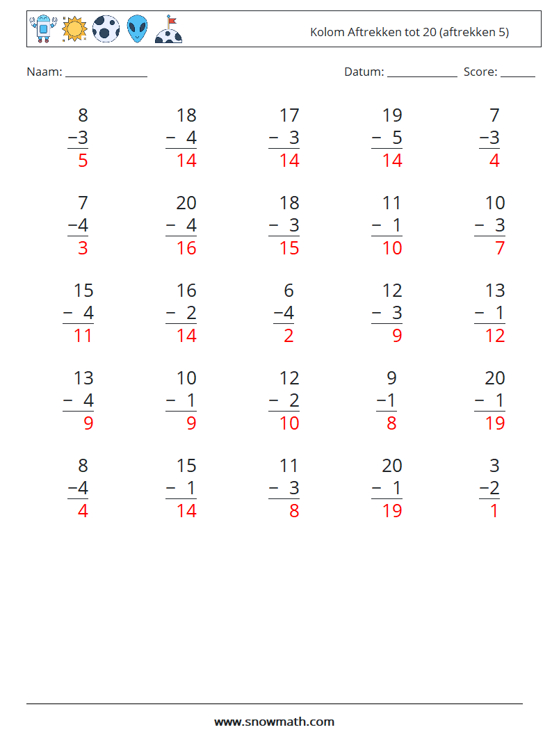 (25) Kolom Aftrekken tot 20 (aftrekken 5) Wiskundige werkbladen 5 Vraag, Antwoord