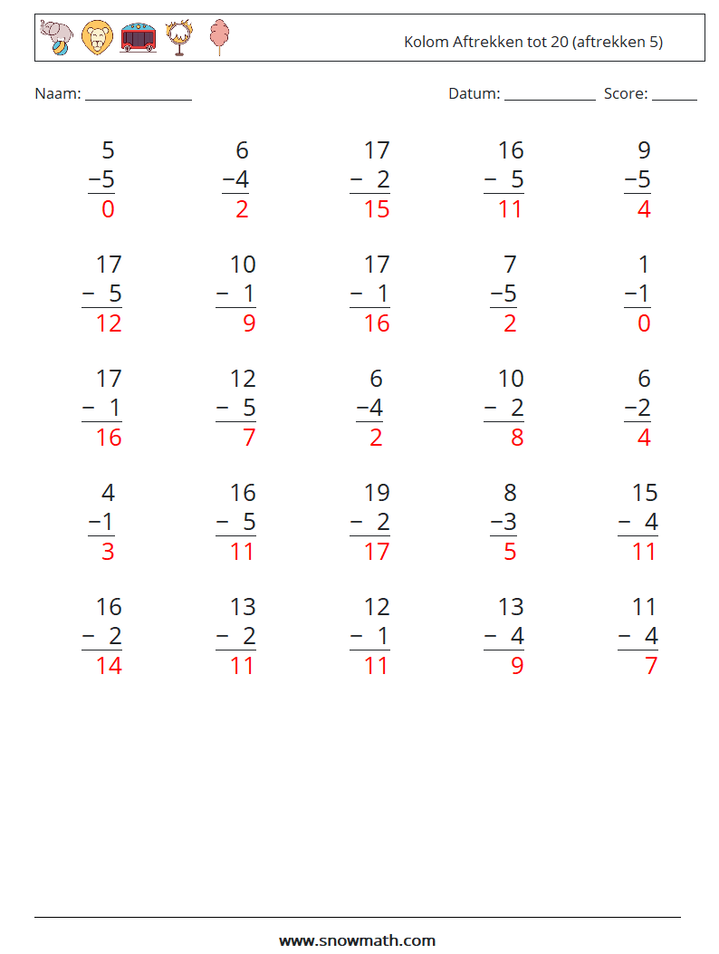(25) Kolom Aftrekken tot 20 (aftrekken 5) Wiskundige werkbladen 6 Vraag, Antwoord