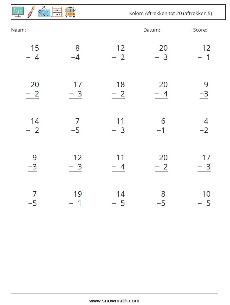 (25) Kolom Aftrekken tot 20 (aftrekken 5) Wiskundige werkbladen 7