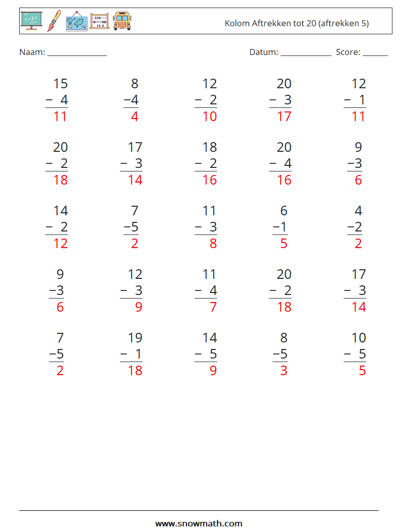 (25) Kolom Aftrekken tot 20 (aftrekken 5) Wiskundige werkbladen 7 Vraag, Antwoord