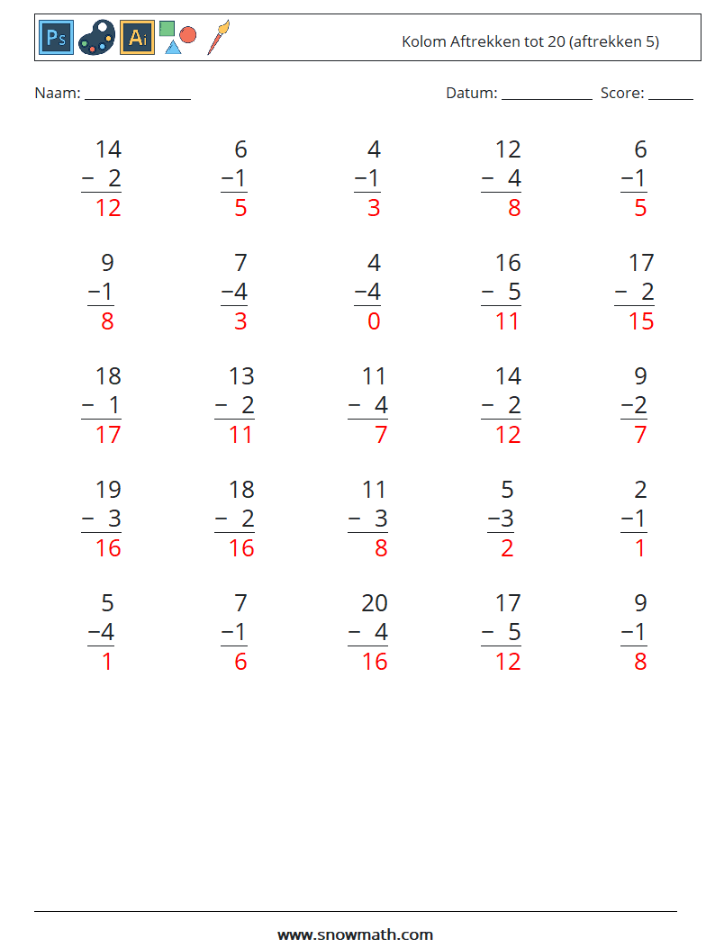 (25) Kolom Aftrekken tot 20 (aftrekken 5) Wiskundige werkbladen 8 Vraag, Antwoord