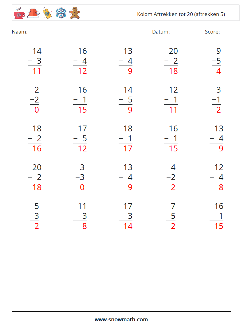 (25) Kolom Aftrekken tot 20 (aftrekken 5) Wiskundige werkbladen 9 Vraag, Antwoord