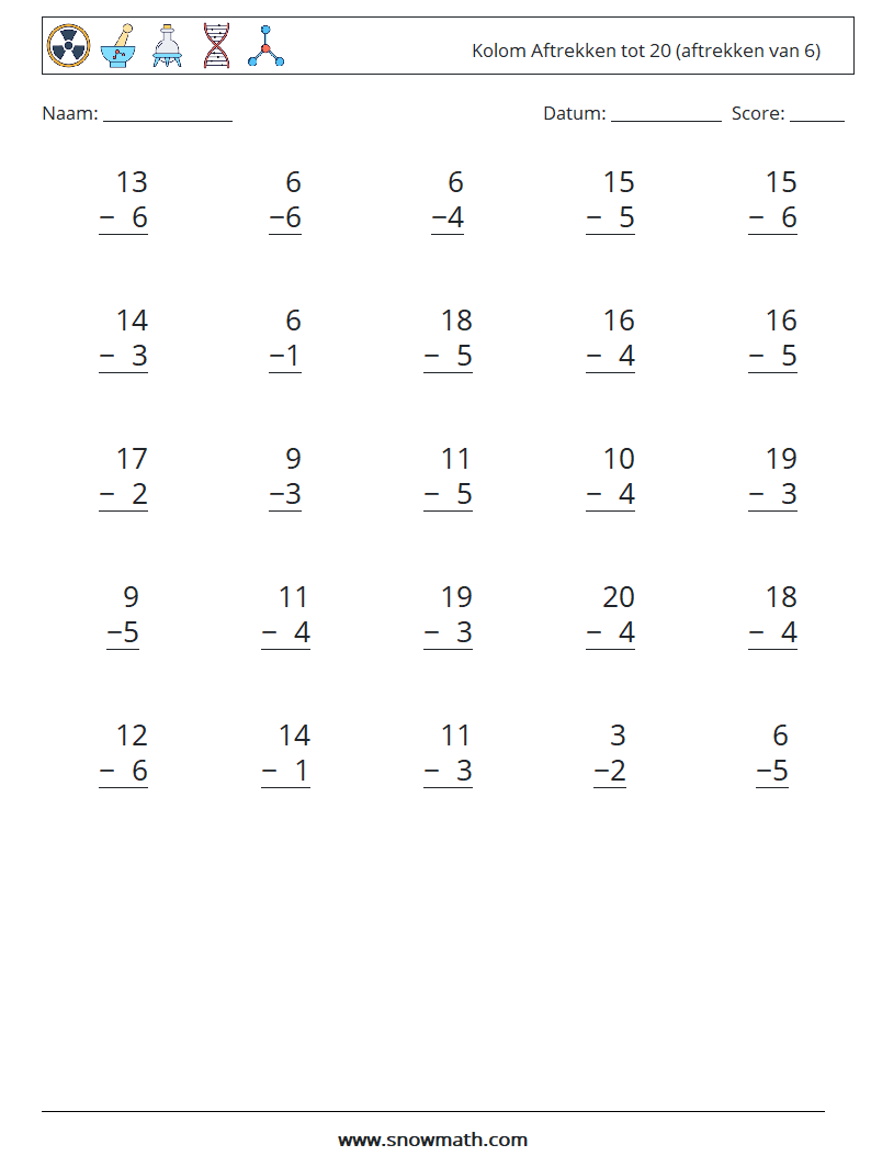 (25) Kolom Aftrekken tot 20 (aftrekken van 6)