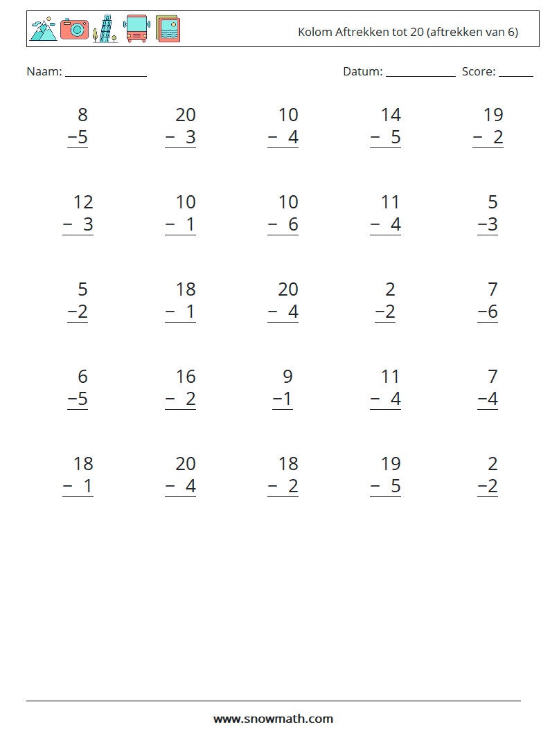 (25) Kolom Aftrekken tot 20 (aftrekken van 6) Wiskundige werkbladen 10