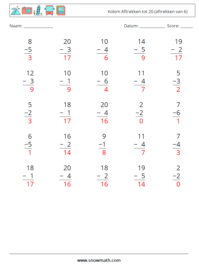 (25) Kolom Aftrekken tot 20 (aftrekken van 6) Wiskundige werkbladen 10 Vraag, Antwoord