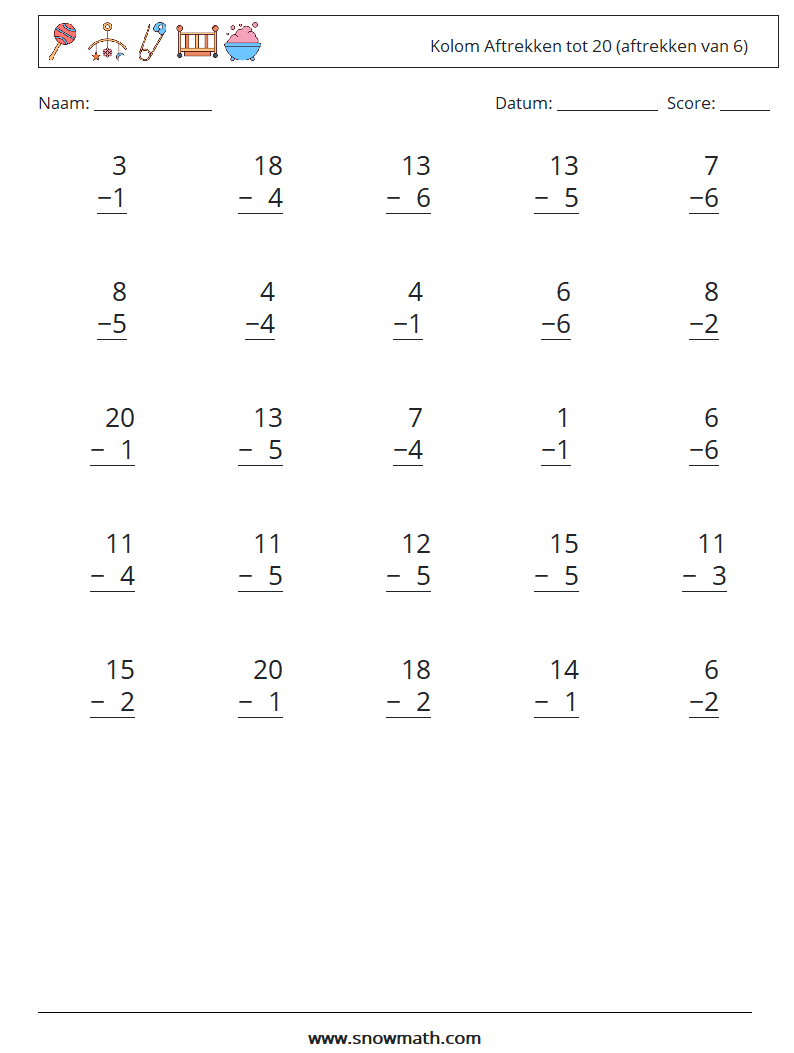 (25) Kolom Aftrekken tot 20 (aftrekken van 6) Wiskundige werkbladen 12