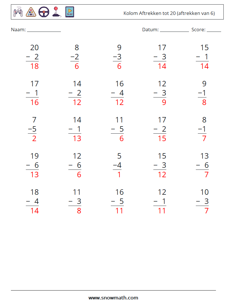 (25) Kolom Aftrekken tot 20 (aftrekken van 6) Wiskundige werkbladen 13 Vraag, Antwoord