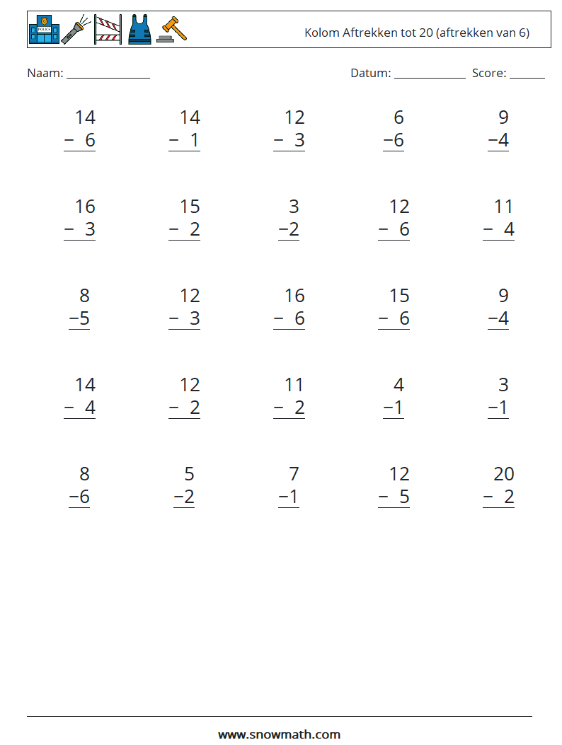 (25) Kolom Aftrekken tot 20 (aftrekken van 6) Wiskundige werkbladen 16