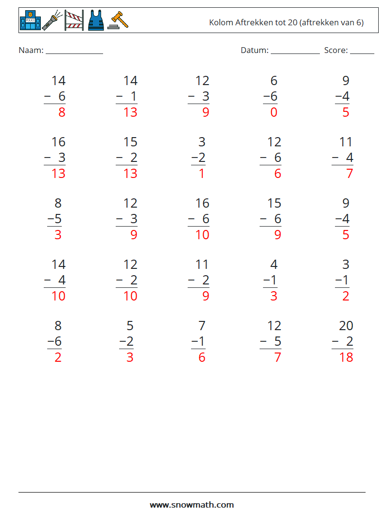 (25) Kolom Aftrekken tot 20 (aftrekken van 6) Wiskundige werkbladen 16 Vraag, Antwoord