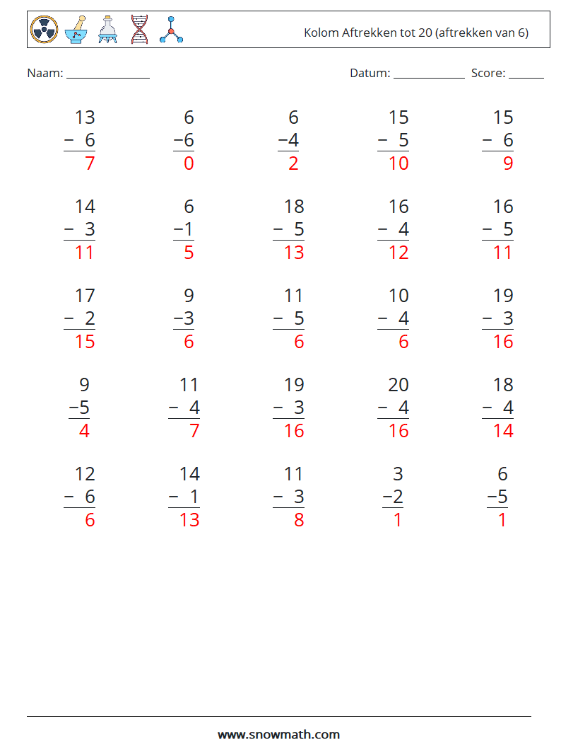 (25) Kolom Aftrekken tot 20 (aftrekken van 6) Wiskundige werkbladen 1 Vraag, Antwoord