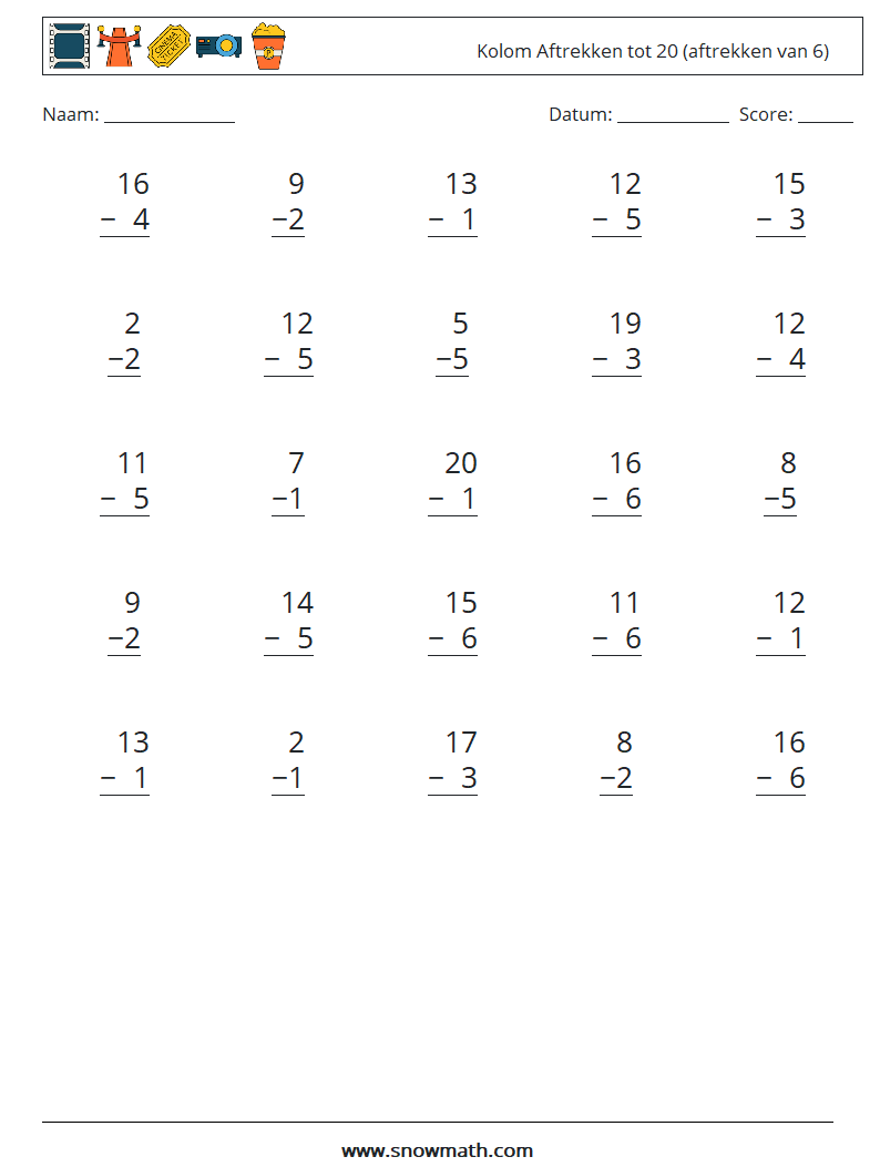 (25) Kolom Aftrekken tot 20 (aftrekken van 6) Wiskundige werkbladen 2